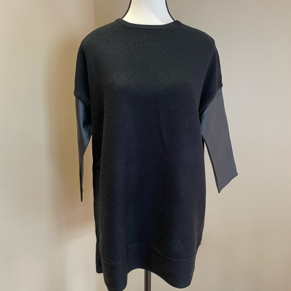 Love Token Women's Black Sweater with leather sleeves.